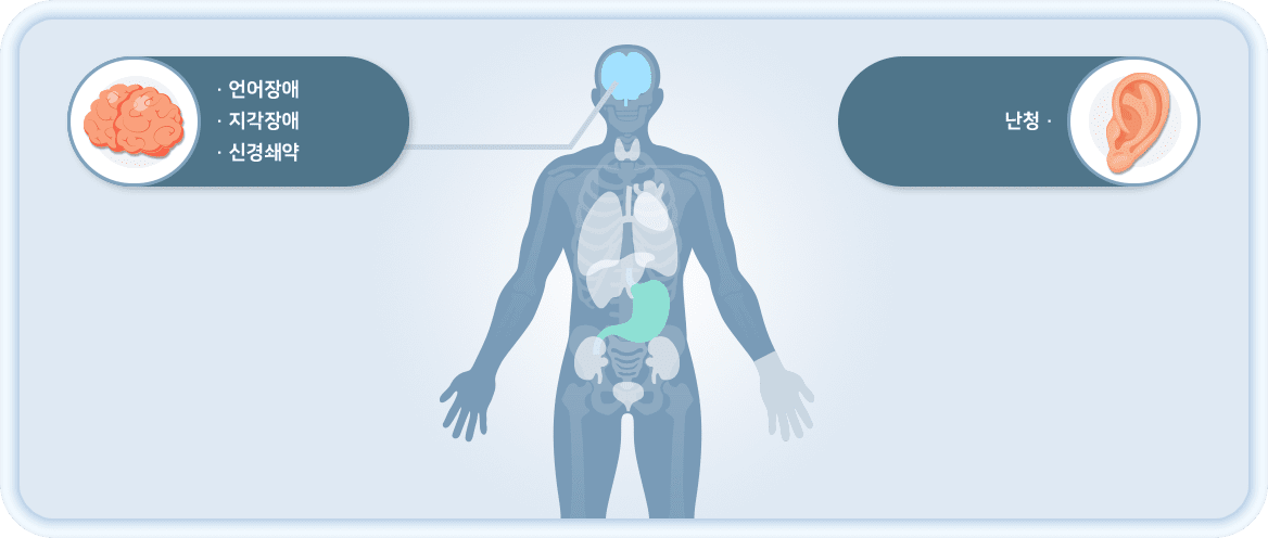 언어장애, 지각장애, 신경쇄약, 난청