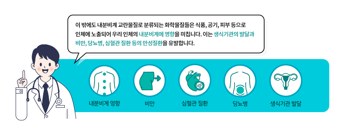 이 밖에도 내분비계 교란물질로 분류되는 화학물질들은 비품, 공기, 피부 등으로 인체에 노출되어 우리 인체의 내분비계에 영향을 미칩니다. 이는 생식기관의 발달과 비만, 당뇨병, 심혈관질환 등의 만성질환 에 영향을 미칩니다.