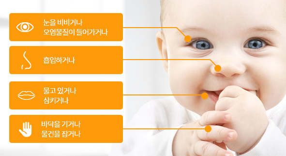 영유아의 환경유해인자 노출 - 눈을비비거나 오염물질이 들어가거나, 흡입하거나, 물고 있거나 삼키거나, 바닥을 기거나 물건을 잡거나