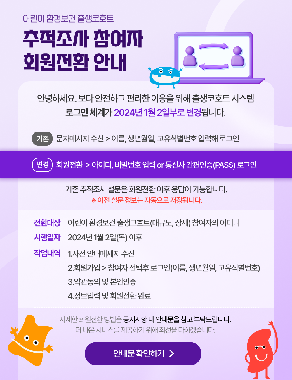 어린이 환경보건 출생코호트 추적조사 참여자 회원전환 안내 안녕하세요. 보다 안전하고 편리한 이용을 위해 출생코호트 시스템 로그인 체계가 2025년 1월 2일부로 변경됩니다. 기존: 문자메세지 수신 > 이름, 생년월일, 고유식별번호 입력해 로그인 변경: 회원전환 > 아이디, 비밀번호 입력 or 통신사 간편인증(PASS) 로그인 기존 추적조사 설문은 회원전환 이후 응답이 가능합니다. 이전 설문 정보는 자동으로 저장됩니다. 전환대상 어린이 환경보건 출생코호트(대규모, 상세) 참여자의 어머니 시행일자 2025년 1월 2일(목) 이후 작업내역 1. 사전 안내메세지 수신 2. 회원가입 >참여자 선택후 로그인(이름, 생년월일, 고유식별번호) 3. 약관동의 및 본인인증 4. 정보입력 및 회원전환 완료 자세한 회원전환 방법은 공지사항 내 안내문을 참고 부탁드립니다. 더 나은 서비스를 제공하기 위해 최선을 다하겠습니다. 안내문 확인하기